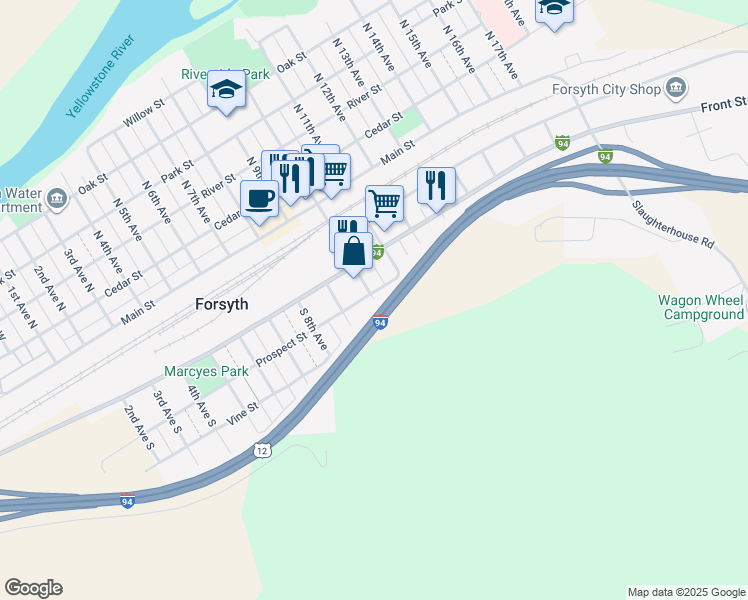 map of restaurants, bars, coffee shops, grocery stores, and more near 312 South 10th Avenue in Forsyth