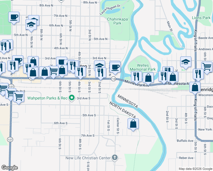 map of restaurants, bars, coffee shops, grocery stores, and more near 115 1st Street South in Wahpeton