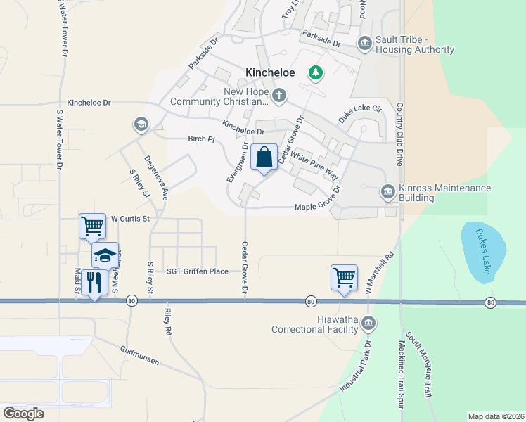 map of restaurants, bars, coffee shops, grocery stores, and more near Cedar Grove Dr in Kinross Charter Township