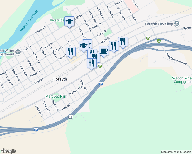 map of restaurants, bars, coffee shops, grocery stores, and more near 312 South 10th Avenue in Forsyth