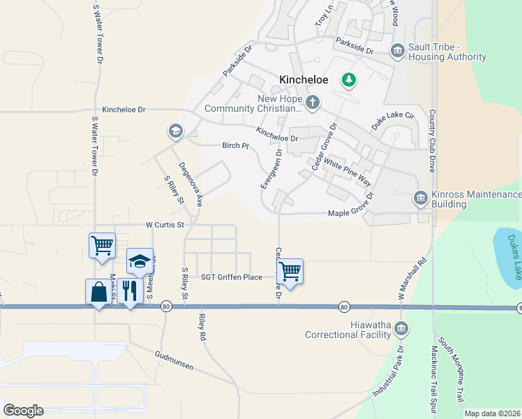 map of restaurants, bars, coffee shops, grocery stores, and more near 87 Evergreen Dr in Kinross Charter Township
