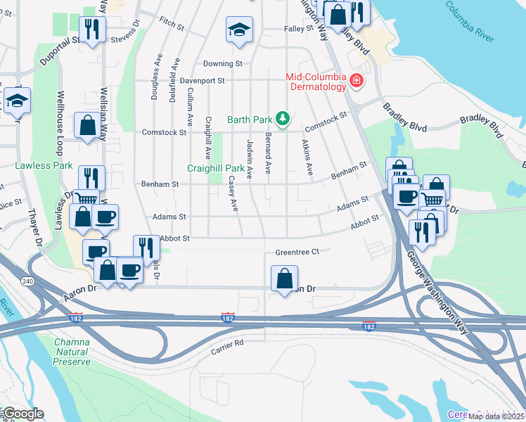 map of restaurants, bars, coffee shops, grocery stores, and more near 604 Adams Street in Richland