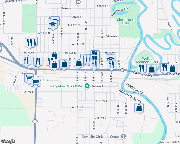 map of restaurants, bars, coffee shops, grocery stores, and more near 413 Dakota Avenue in Wahpeton
