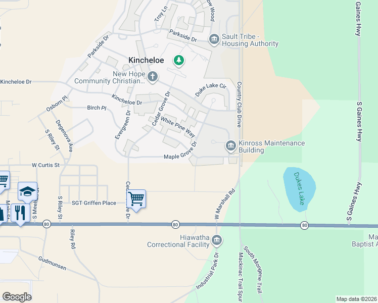 map of restaurants, bars, coffee shops, grocery stores, and more near 51 Maple Grove Drive in Kinross Charter Township