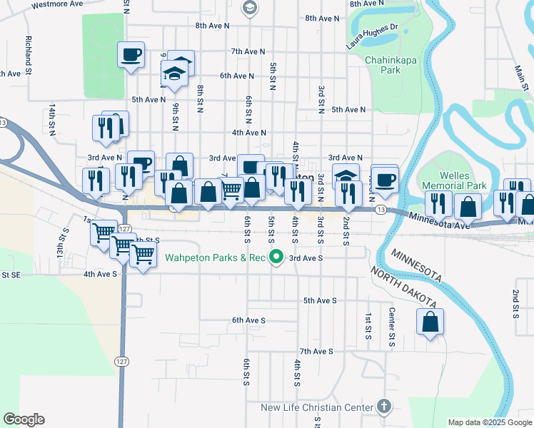 map of restaurants, bars, coffee shops, grocery stores, and more near 101-199 5th Street South in Wahpeton