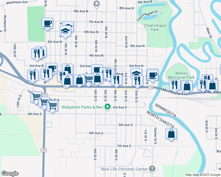 map of restaurants, bars, coffee shops, grocery stores, and more near 413 Dakota Avenue in Wahpeton