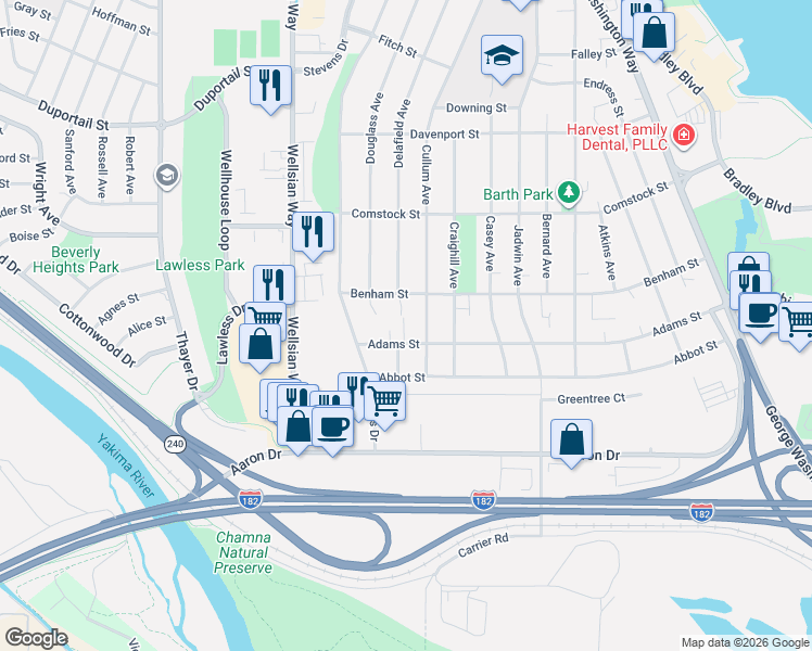 map of restaurants, bars, coffee shops, grocery stores, and more near 1005 Benham Street in Richland