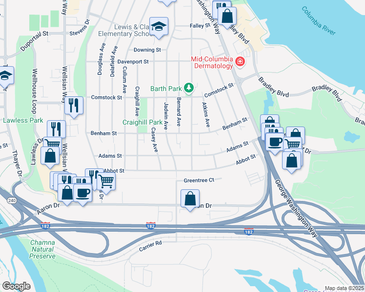 map of restaurants, bars, coffee shops, grocery stores, and more near 503 Benham Street in Richland