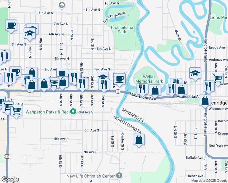 map of restaurants, bars, coffee shops, grocery stores, and more near 122 2nd Street North in Wahpeton