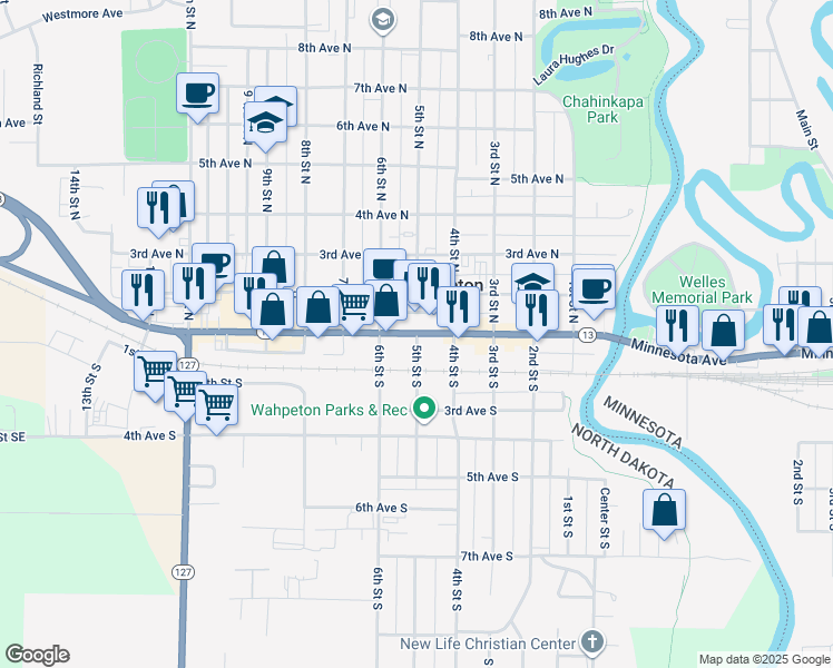 map of restaurants, bars, coffee shops, grocery stores, and more near 101 5th Street South in Wahpeton