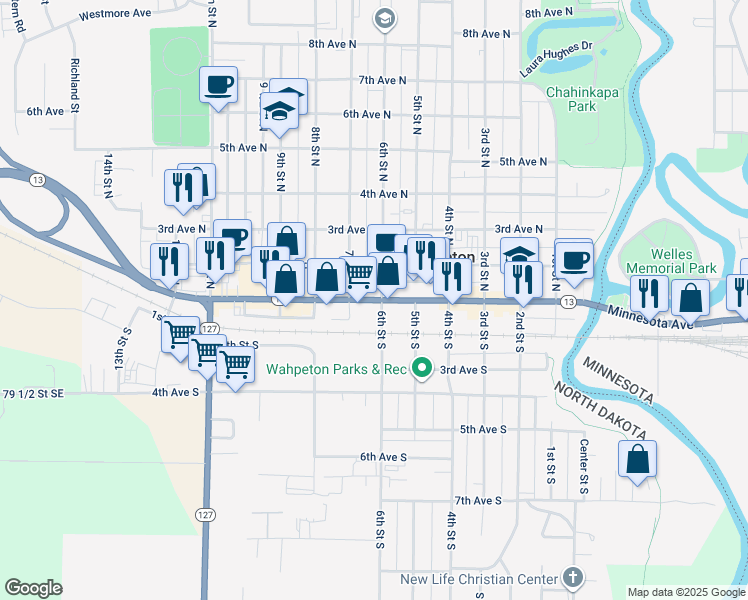 map of restaurants, bars, coffee shops, grocery stores, and more near 620 Dakota Avenue in Wahpeton