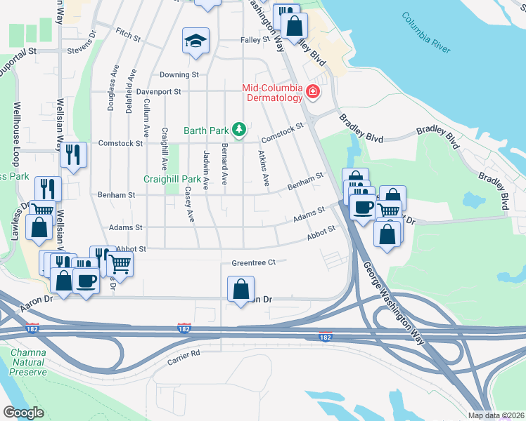 map of restaurants, bars, coffee shops, grocery stores, and more near 403 Benham Street in Richland