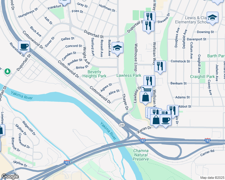 map of restaurants, bars, coffee shops, grocery stores, and more near 1413 Agnes Street in Richland
