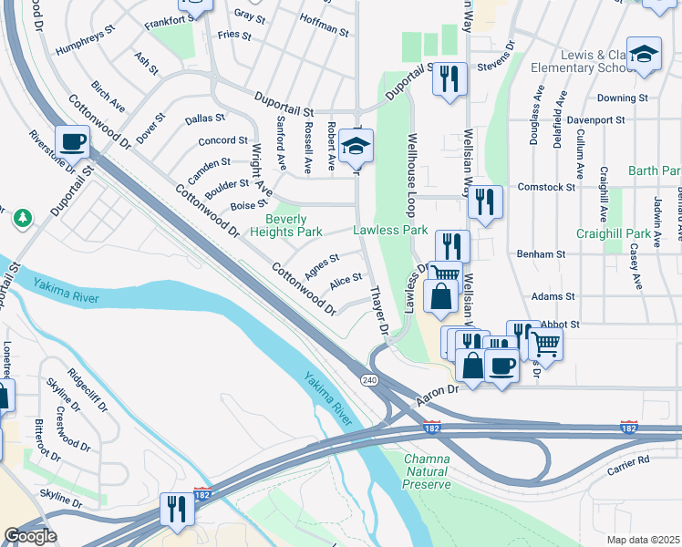 map of restaurants, bars, coffee shops, grocery stores, and more near 1413 Agnes Street in Richland