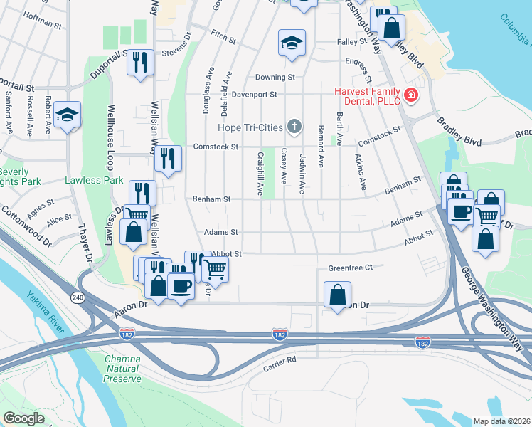 map of restaurants, bars, coffee shops, grocery stores, and more near 106 Craighill Avenue in Richland