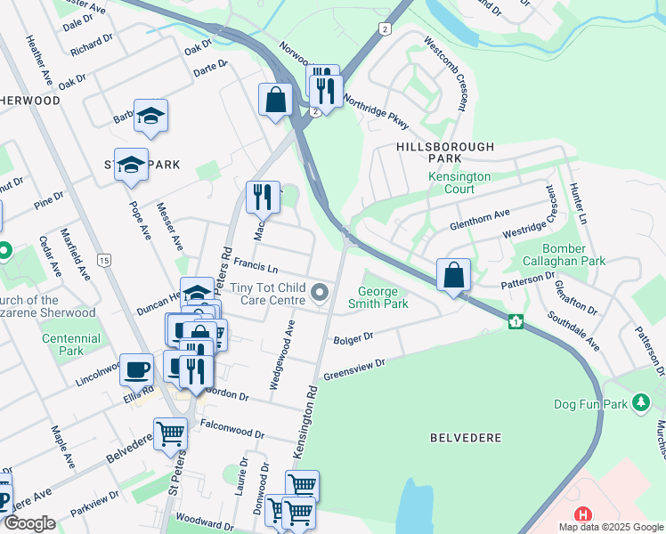 map of restaurants, bars, coffee shops, grocery stores, and more near 201 Kensington Road in Charlottetown