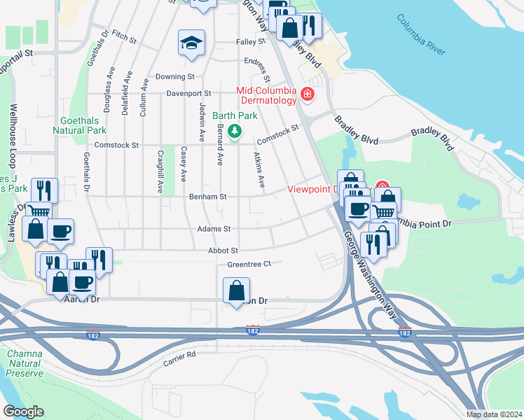 map of restaurants, bars, coffee shops, grocery stores, and more near 403 Benham Street in Richland