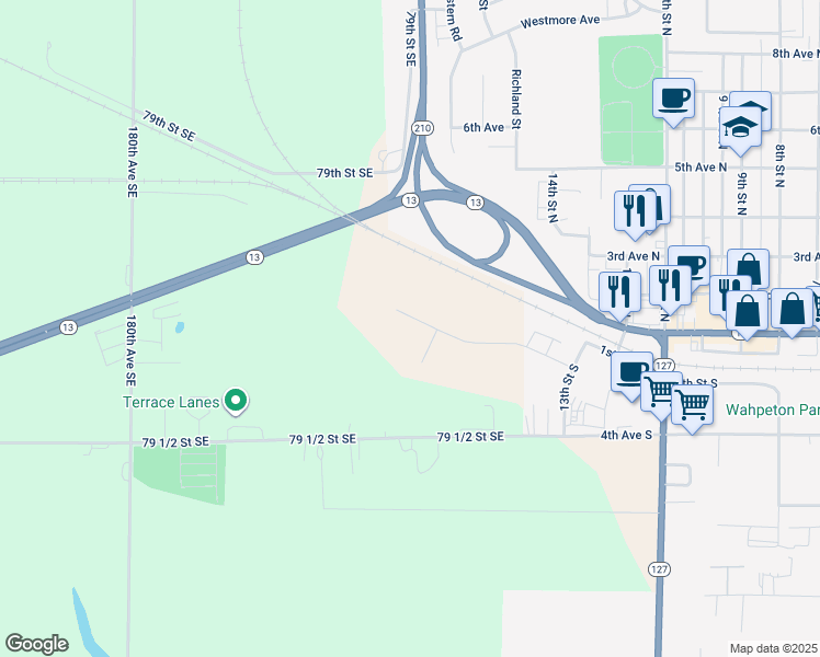 map of restaurants, bars, coffee shops, grocery stores, and more near 18053 79 1/2 Street Southeast in Wahpeton