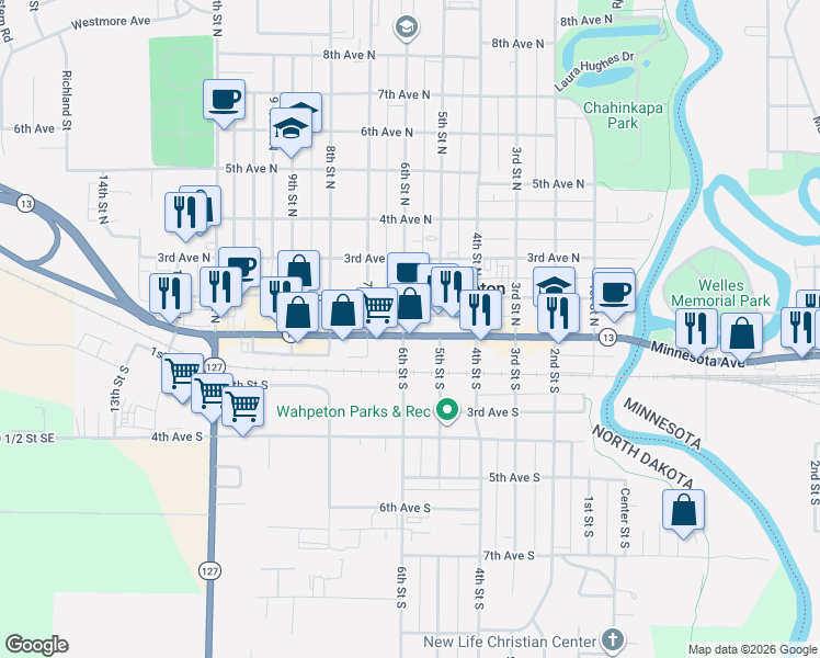 map of restaurants, bars, coffee shops, grocery stores, and more near 1st Ave N in Wahpeton