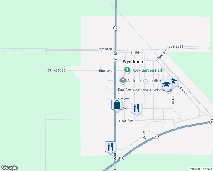 map of restaurants, bars, coffee shops, grocery stores, and more near 744 7th Street in Wyndmere