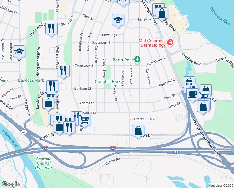 map of restaurants, bars, coffee shops, grocery stores, and more near 106 Casey Avenue in Richland