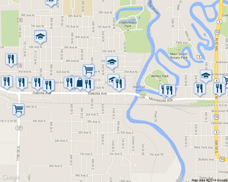 map of restaurants, bars, coffee shops, grocery stores, and more near 122 2nd St N in Wahpeton