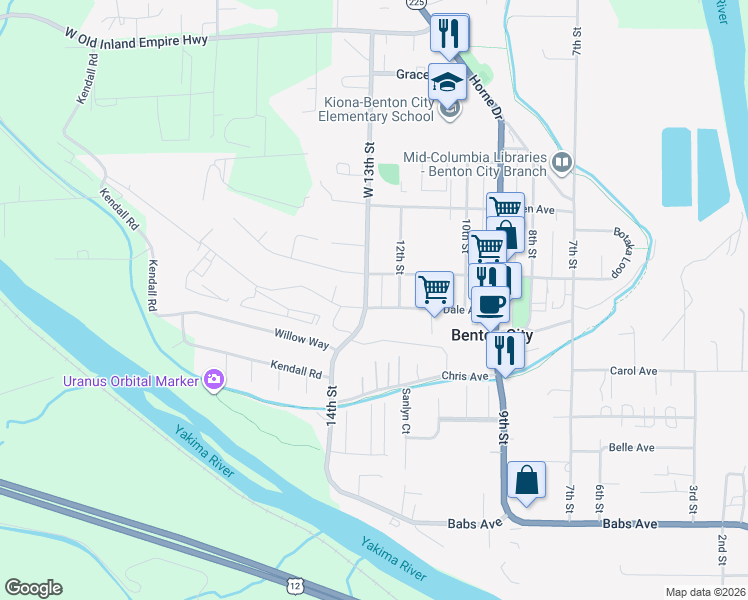 map of restaurants, bars, coffee shops, grocery stores, and more near 606 West 13th Street in Benton City