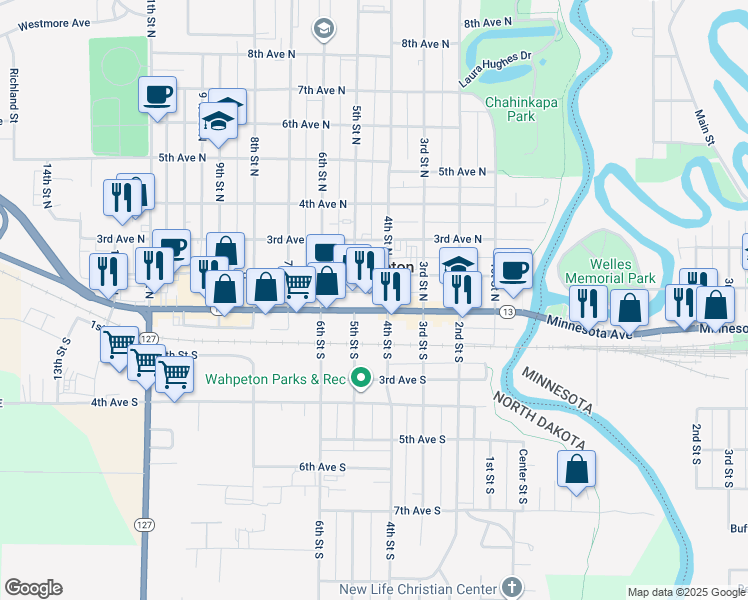 map of restaurants, bars, coffee shops, grocery stores, and more near in Wahpeton