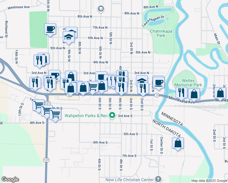 map of restaurants, bars, coffee shops, grocery stores, and more near in Wahpeton