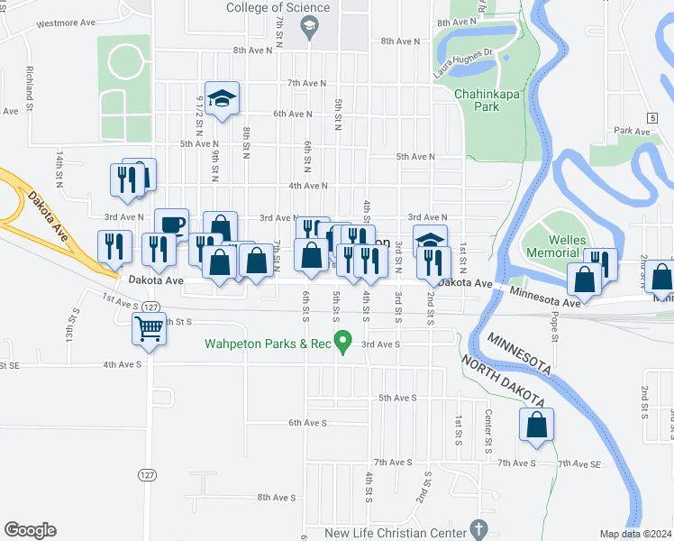 map of restaurants, bars, coffee shops, grocery stores, and more near 1st Ave N in Wahpeton