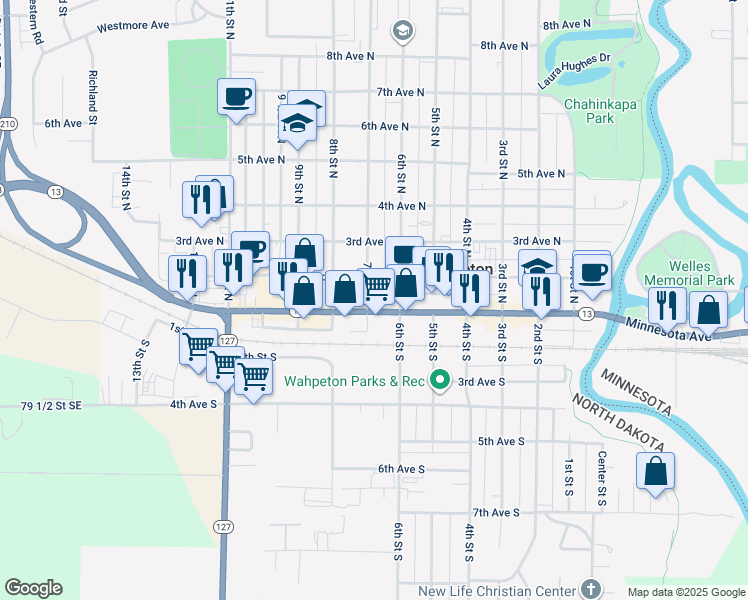 map of restaurants, bars, coffee shops, grocery stores, and more near 620 Dakota Avenue in Wahpeton