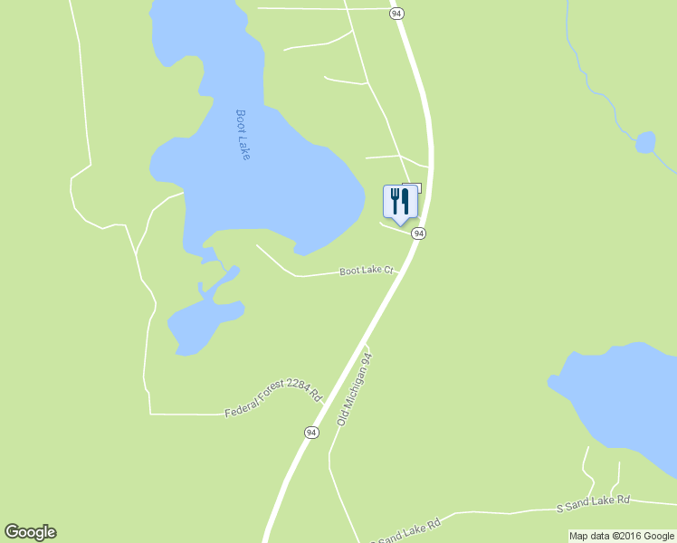 map of restaurants, bars, coffee shops, grocery stores, and more near Boot Lake Court in Manistique