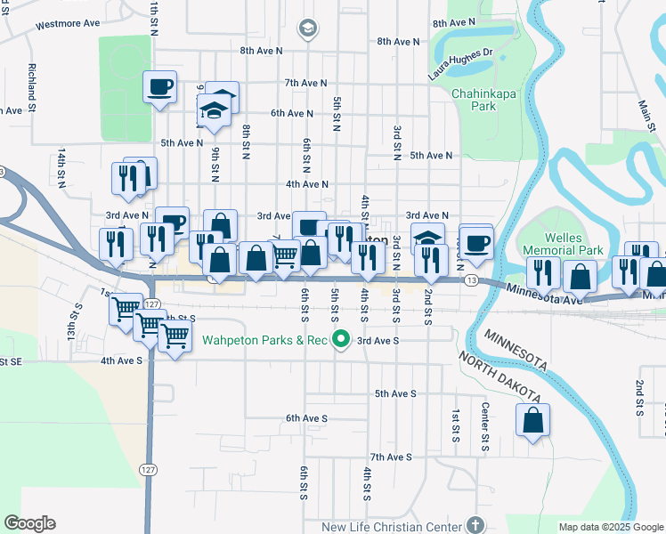 map of restaurants, bars, coffee shops, grocery stores, and more near 1st Ave N in Wahpeton