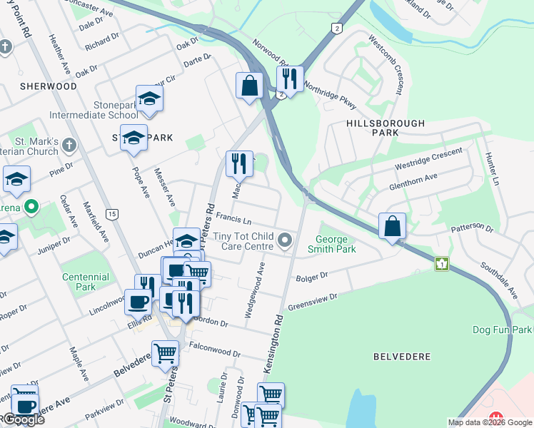map of restaurants, bars, coffee shops, grocery stores, and more near 5 Birchmount Drive in Charlottetown