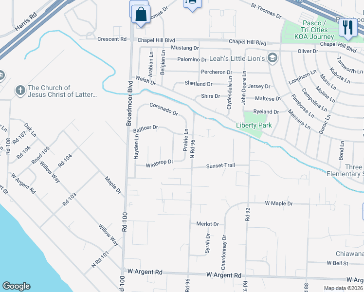 map of restaurants, bars, coffee shops, grocery stores, and more near 4010 Prairie Lane in Pasco