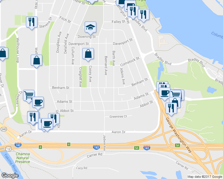 map of restaurants, bars, coffee shops, grocery stores, and more near 503 Benham Street in Richland
