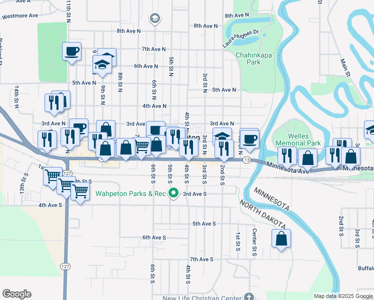 map of restaurants, bars, coffee shops, grocery stores, and more near 1st Avenue North in Wahpeton