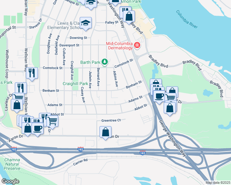 map of restaurants, bars, coffee shops, grocery stores, and more near 403 Benham Street in Richland