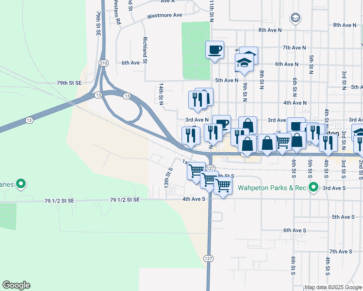 map of restaurants, bars, coffee shops, grocery stores, and more near 105 12th St N in Wahpeton