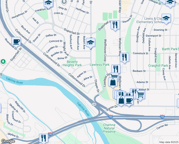 map of restaurants, bars, coffee shops, grocery stores, and more near 1413 Agnes Street in Richland