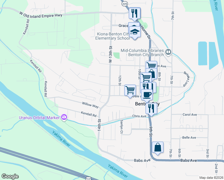 map of restaurants, bars, coffee shops, grocery stores, and more near 606 West 13th Street in Benton City