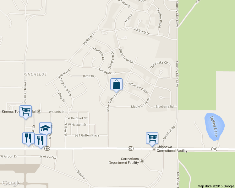map of restaurants, bars, coffee shops, grocery stores, and more near Cedar Grove Dr in Kinross Charter Township