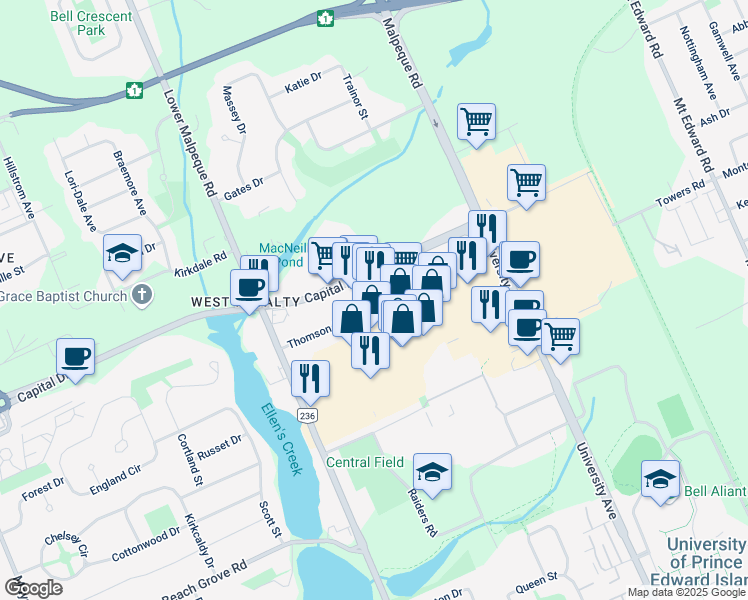 map of restaurants, bars, coffee shops, grocery stores, and more near 61 Thompson Drive in Charlottetown