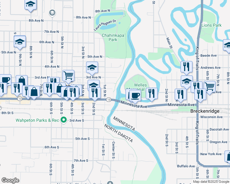 map of restaurants, bars, coffee shops, grocery stores, and more near 85 2nd Avenue North in Wahpeton