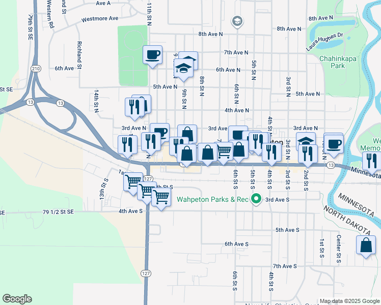map of restaurants, bars, coffee shops, grocery stores, and more near 822 Dakota Avenue in Wahpeton