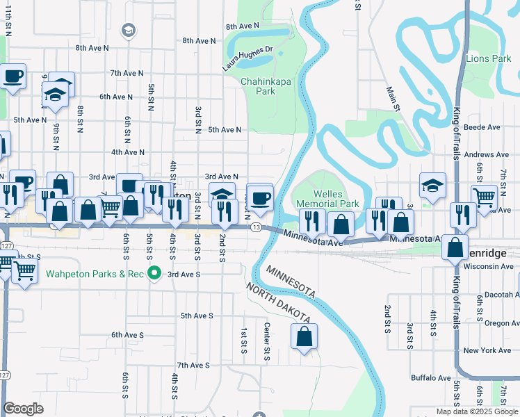 map of restaurants, bars, coffee shops, grocery stores, and more near 85 2nd Avenue North in Wahpeton