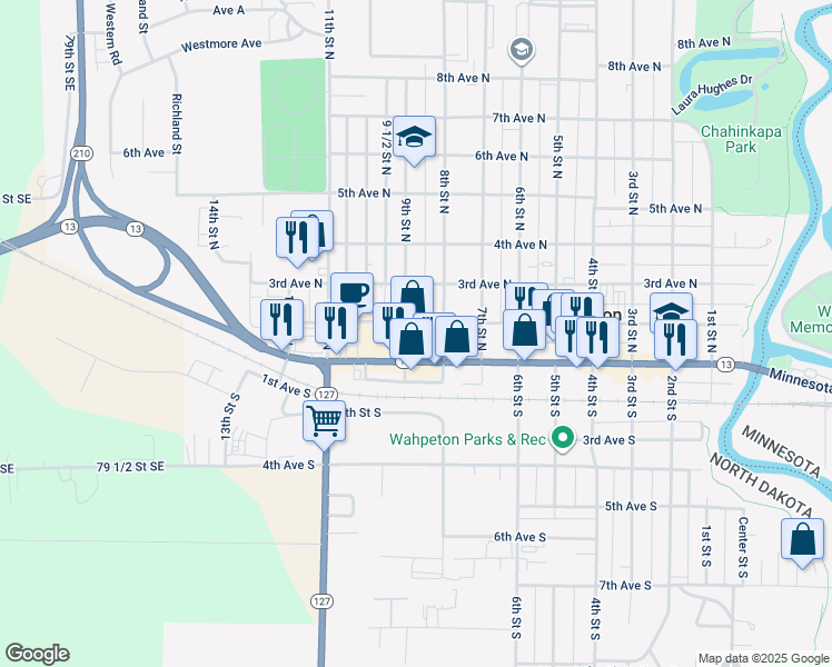 map of restaurants, bars, coffee shops, grocery stores, and more near 822 Dakota Avenue in Wahpeton
