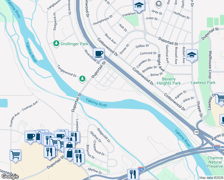 map of restaurants, bars, coffee shops, grocery stores, and more near 2513 Duportail Street in Richland