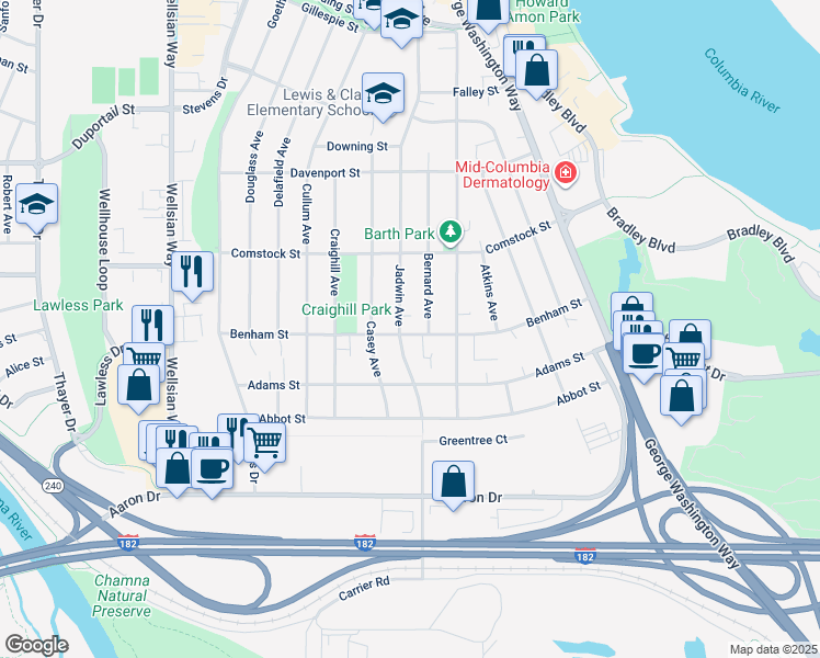map of restaurants, bars, coffee shops, grocery stores, and more near 608 Benham Street in Richland