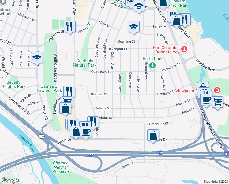 map of restaurants, bars, coffee shops, grocery stores, and more near 202 Cullum Avenue in Richland